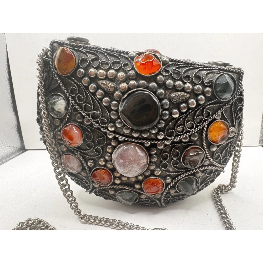 Vintage Sajai handmade‎ metal filigree with precious stones inlay & chain strap